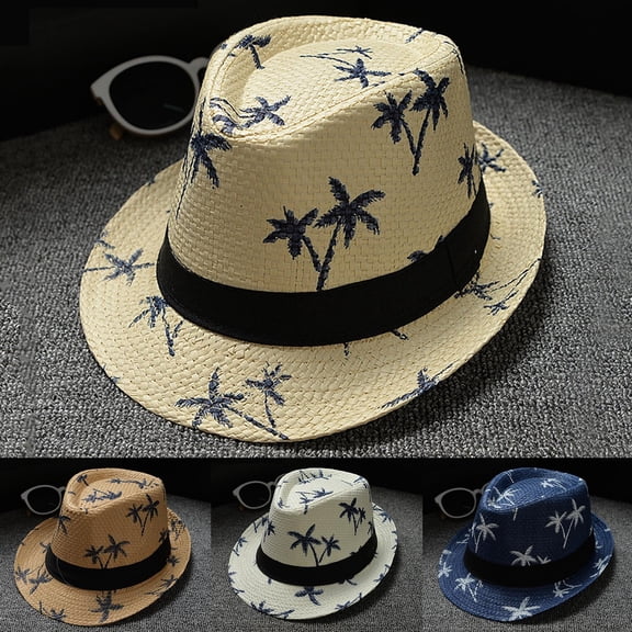 Helii Unisex Paper Straw Fedora Hat Palm Tree Print Short Brim Jazz Beach Sun Hat Summer Panama Hat for Family Vacation Seaside Tropical Hat Dark Blue,One Size
