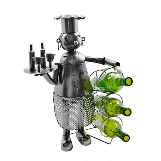 Wine Bos Chef Holding 3 Bottles Tabletop Rack