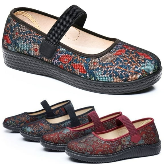 CHICVOMEY Casual Flats for Women Flower Embroidered Slip-On Flats Breathable Mesh Mary Jane Flats for Women Casual & Work Ballet Flats