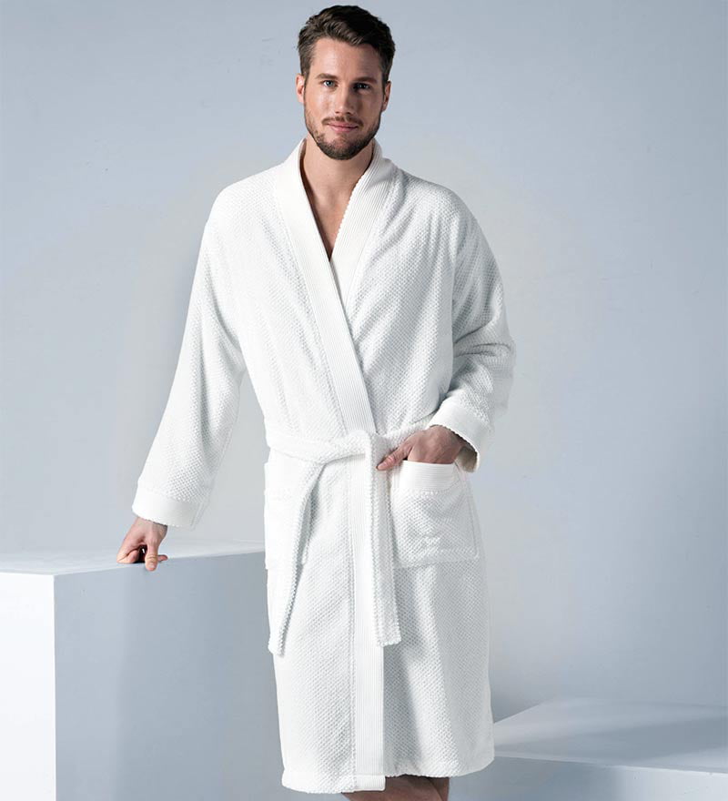 Long Textured OEKO-TEX® Certified Hooded Turkish Cotton Terry Men's Bathrobe Kimono Terry Bathrobe Rice Weave Trim