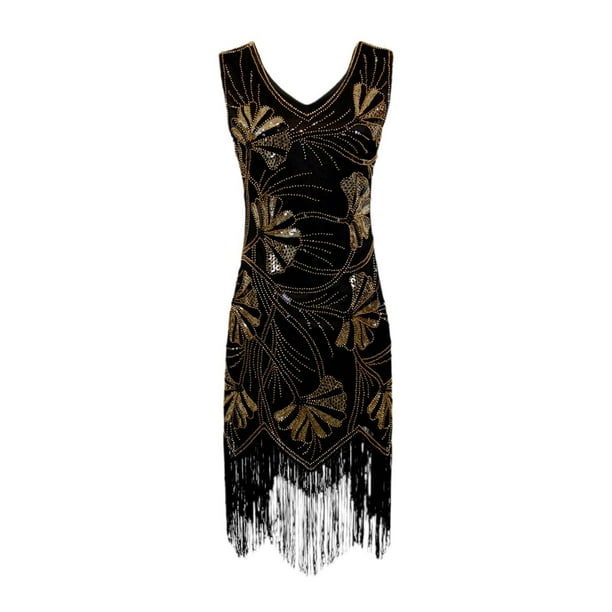 Vestido de lentejuelas para mujer, ropa de baile de moda adornada para club, jazz, noche, salón de baile Oro negro