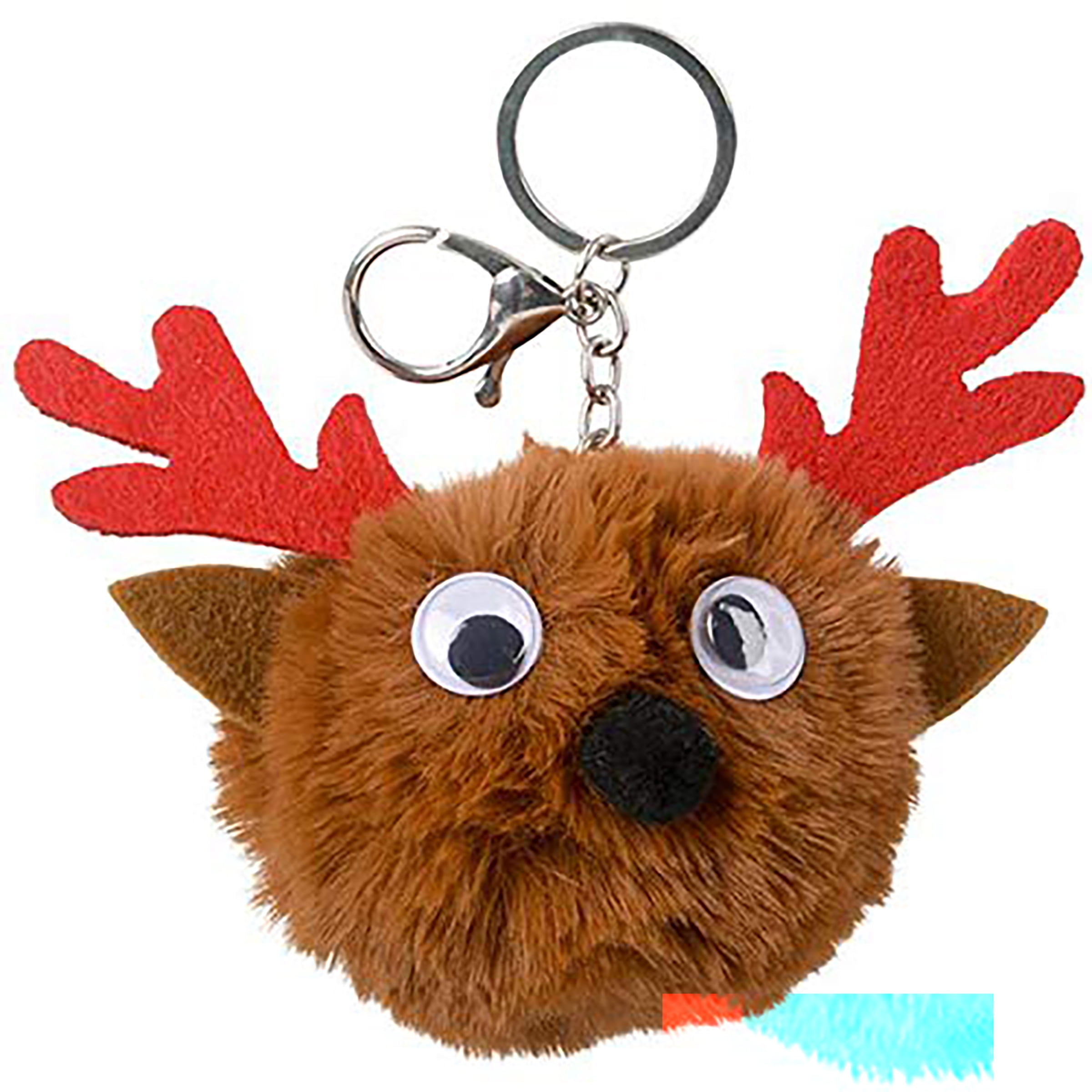 Cute Reindeer Fur Ball Pom Pom Keychain Bag Car Ring Keyring Stocking  Stuffer (12 pack) 