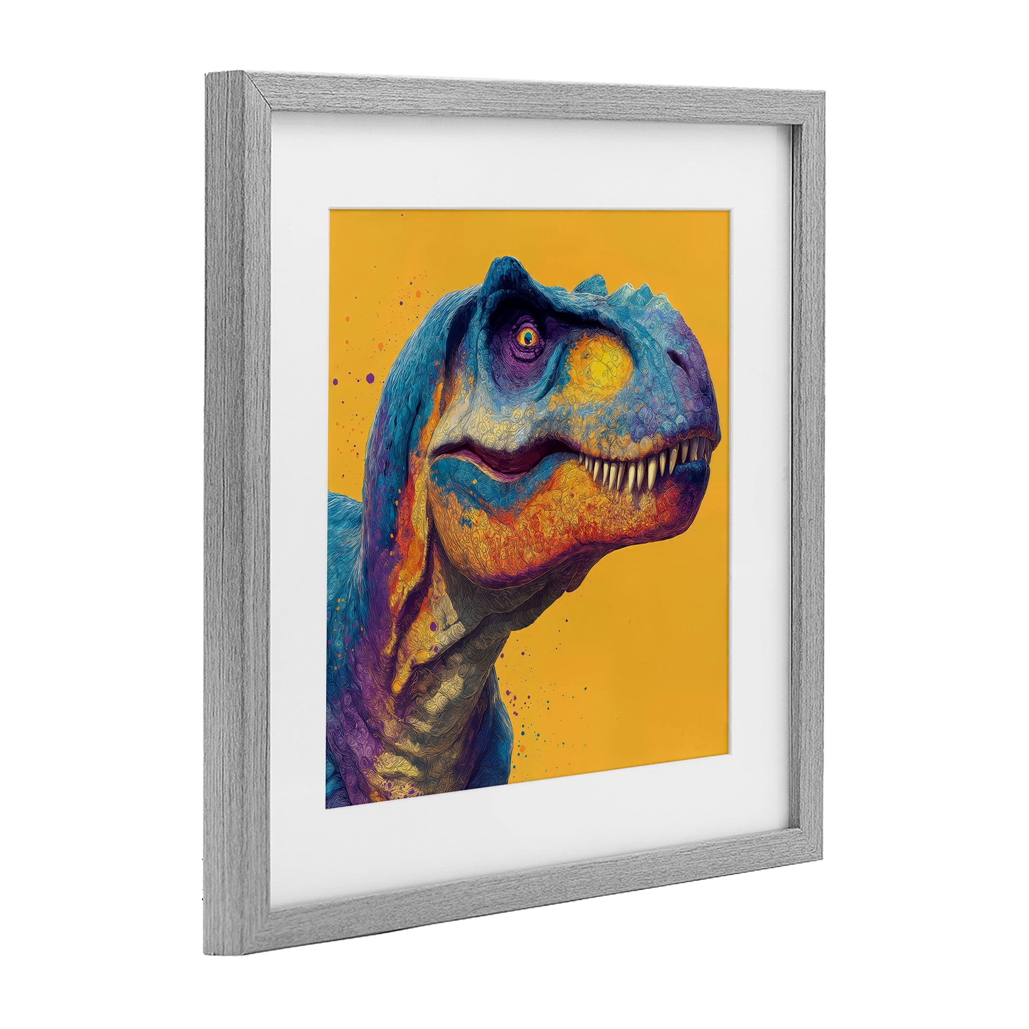 Stupell Industries Vibrant T-Rex Portrait Gray Framed Print Under Glass, design by Wumples