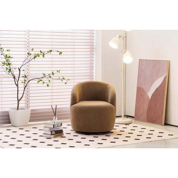 Swivel Barrel Chair for Living Room, Accent Sofa Chair for Bedroom, Mid Century Modern Arm Chair Teddy Fabric Cozy Club Chair Leisure Reading Chair for Lounge Room, Hotel, Apartment, Chocolate