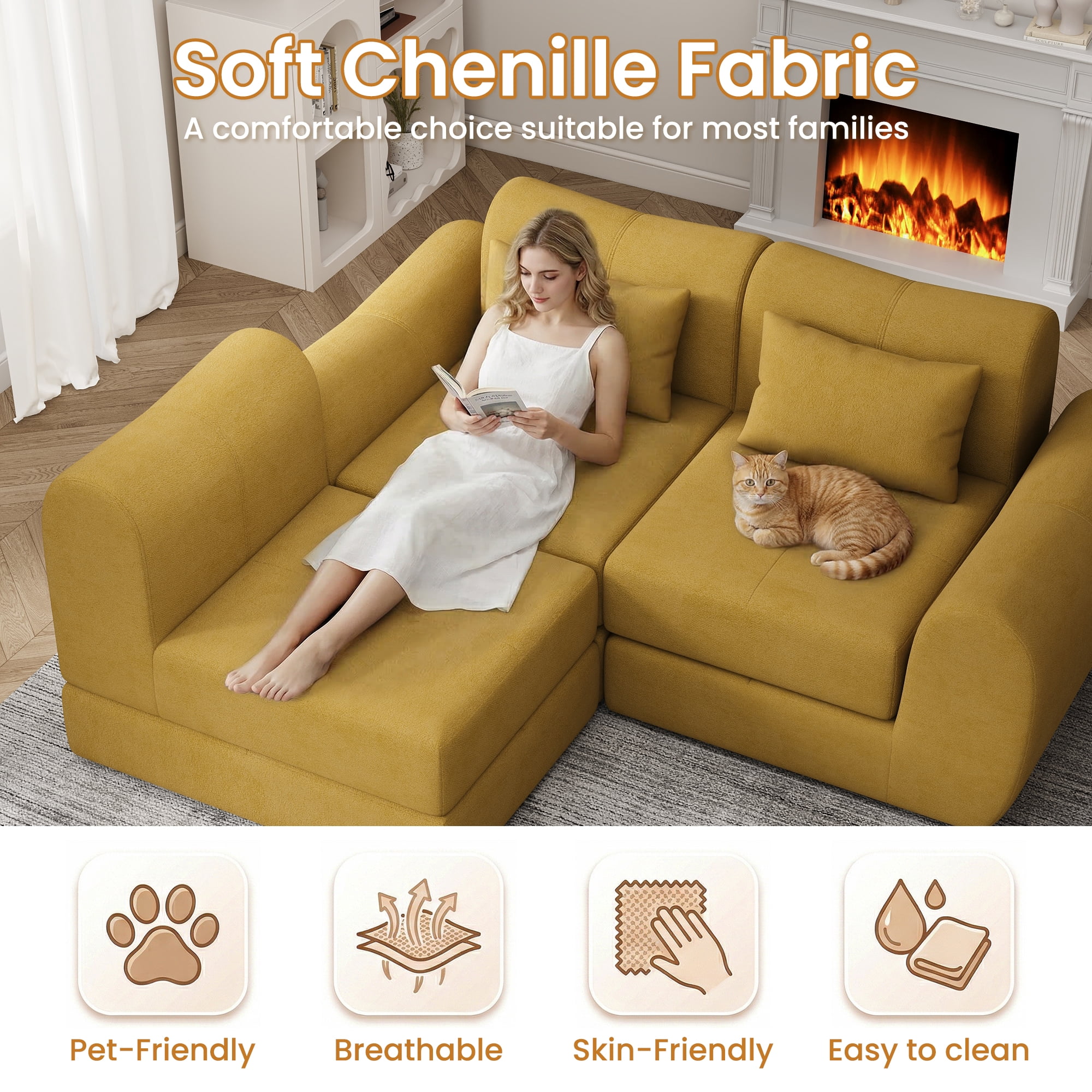 102" Cloud Sofa, 4-in-1 Folding Sofa Bed, Floor-Standing Boneless Couch, Futon Sofa Bed for Living Room, Modular Cloud Sectional Couch with Deep Seat for Living Room(Yellow)