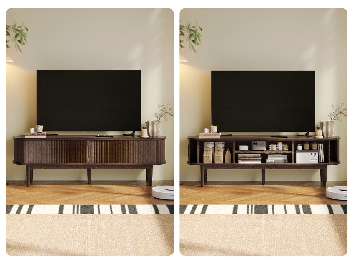LINSY HOME Fluted TV Stand for TVs up to 75", Mid-Century Home Entertainment Center with Sliding Tambour Door and Adjustable Shelves, Walnut