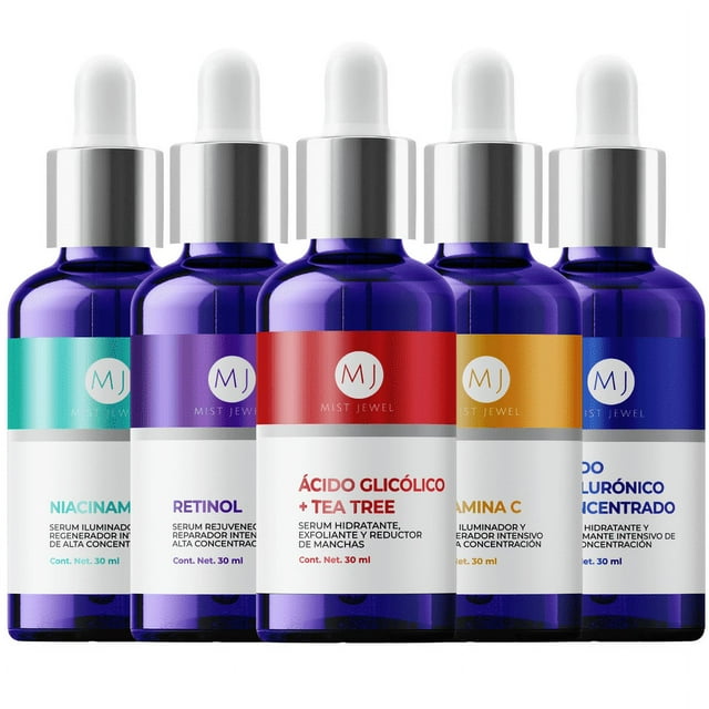 Kit de 5 Sueros Faciales MIST JEWEL 30 ML (Ácido Glicólico; Vitamina C; Retinol; Ácido Hialurónico; Niacinamida)