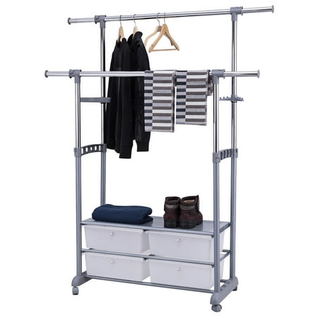 Garment Storage Racks Gymax Adjustable Garment Rack Telescopic Rolling Clothes Hanger Storage Shelf Drawers ()