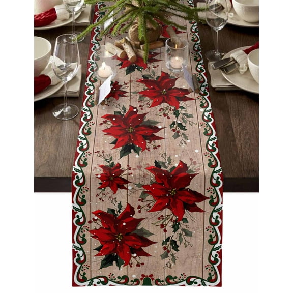 Table Runner Dresser Scarves 90 Inch Long,Red Christmas Flowers on Wood Board Linen Dining Table Runners