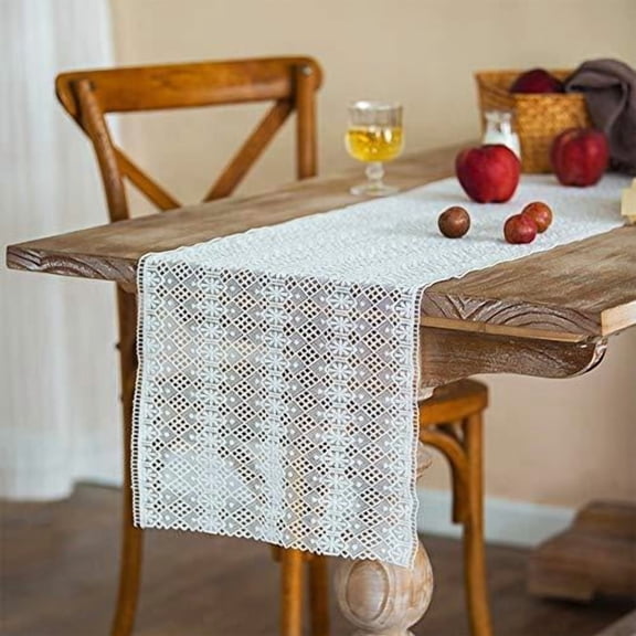 Fennco Styles Embroidered Geometric Floral Hollow Lace White Table Runner 14" W x 71" L