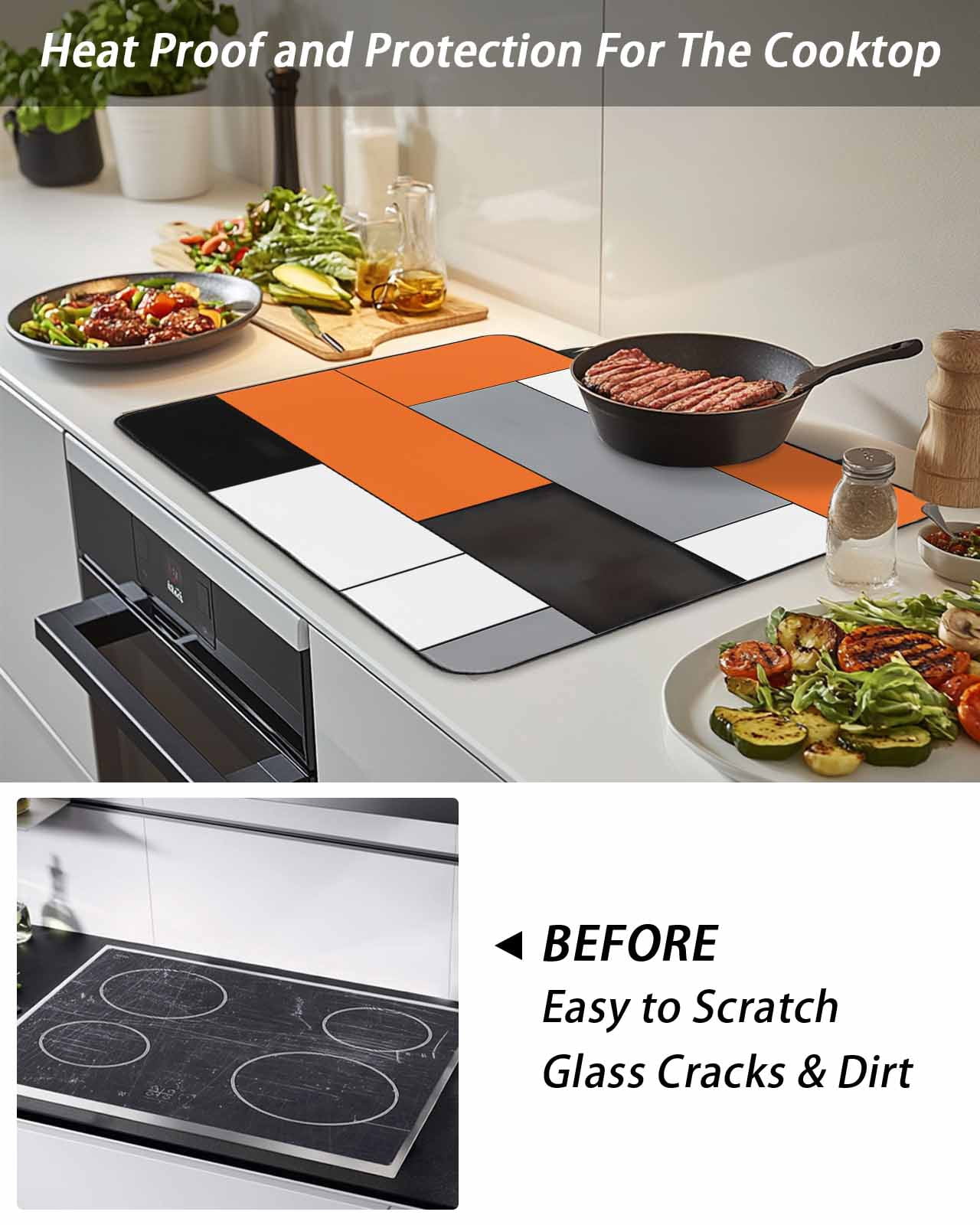 Stove Top Covers for Electric Stove, Burnt Orange Black Grey Glass Stovetop Cover Protector, Modern Irregular Geometric Abstract Induction Cooktop Protector Oven Mat for Kitchen Countertop 24"x21"
