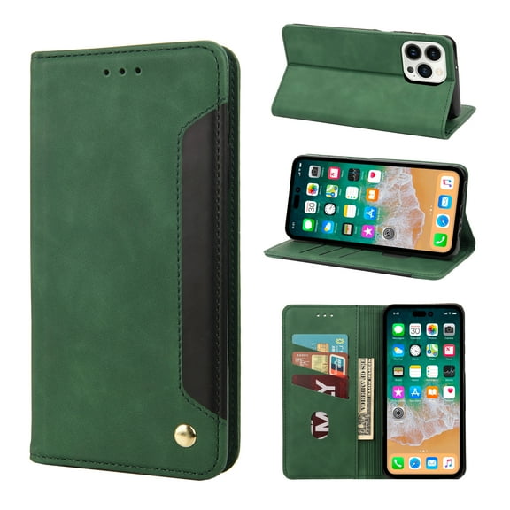 Feishell for iPhone 16 Pro Max Wallet Case,Shockproof Premium PU Leather Magnetic Closure Card Slots Cash Pocket TPU Bumper Shock Absorbing Flip Kickstand Retro Business Phone Cover,Green