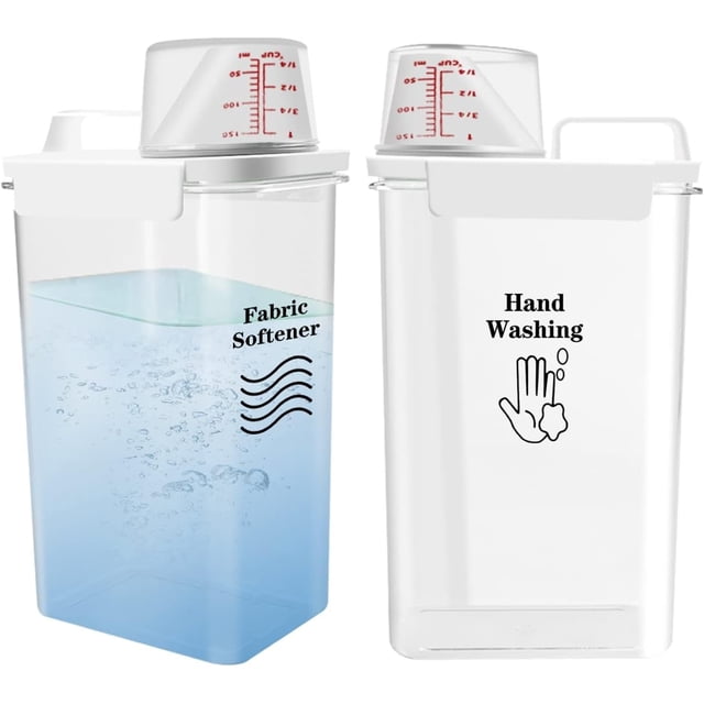 YQWIN 2 Pcs Distributeur de Détergent à Lessive Liquide Adoucissant Textile Contenant Agent de Blanchiment Bouteilles Vides Boosters de Parfum Perles Support Pot Distributeur Tasse à Mesurer pour Buanderie (78oz)