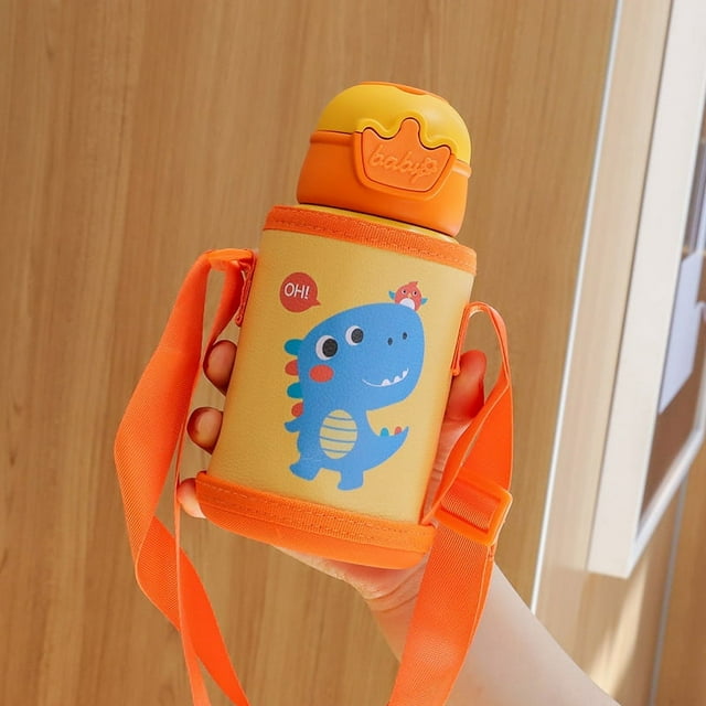 Termo para niños, taza con pajita, taza con tapa doble de dibujos animados, taza de acero inoxidable