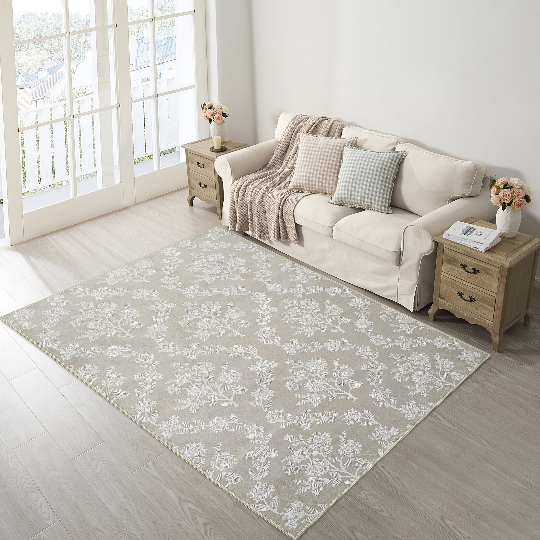 My Texas House Taupe Flower Damask Machine Washable Indoor Area Rug, 7'6" x 9'5"