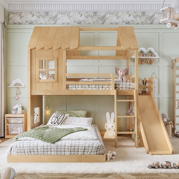 Twin over Full Bunk Bed Frame with Ladders and Slides, House Floor Bunk Bed Frame with Storage Shelves and Wardrobe for Bedroom, Apartment, Mattress not included, No Spring Box Needed, White