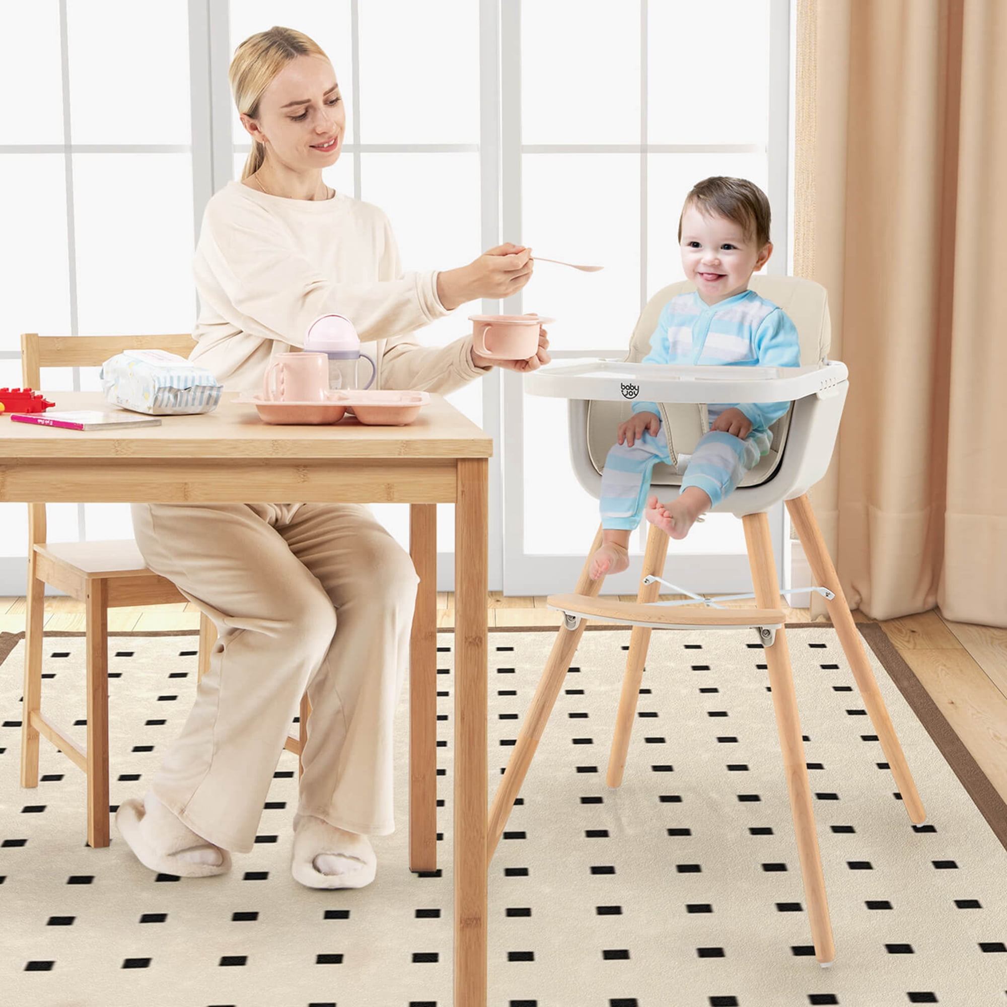 Babyjoy 3 in 1 Convertible Wooden High Chair Toddler Feeding Chair with Cushion Beige