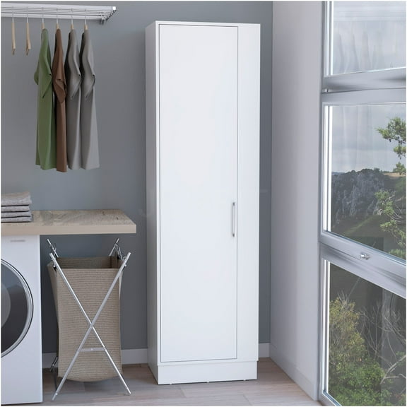 JERFIT 72" Tall Freestanding Storage Cabinet with Door, 6 Adjustable Shelves, Broom Holder, White Linen