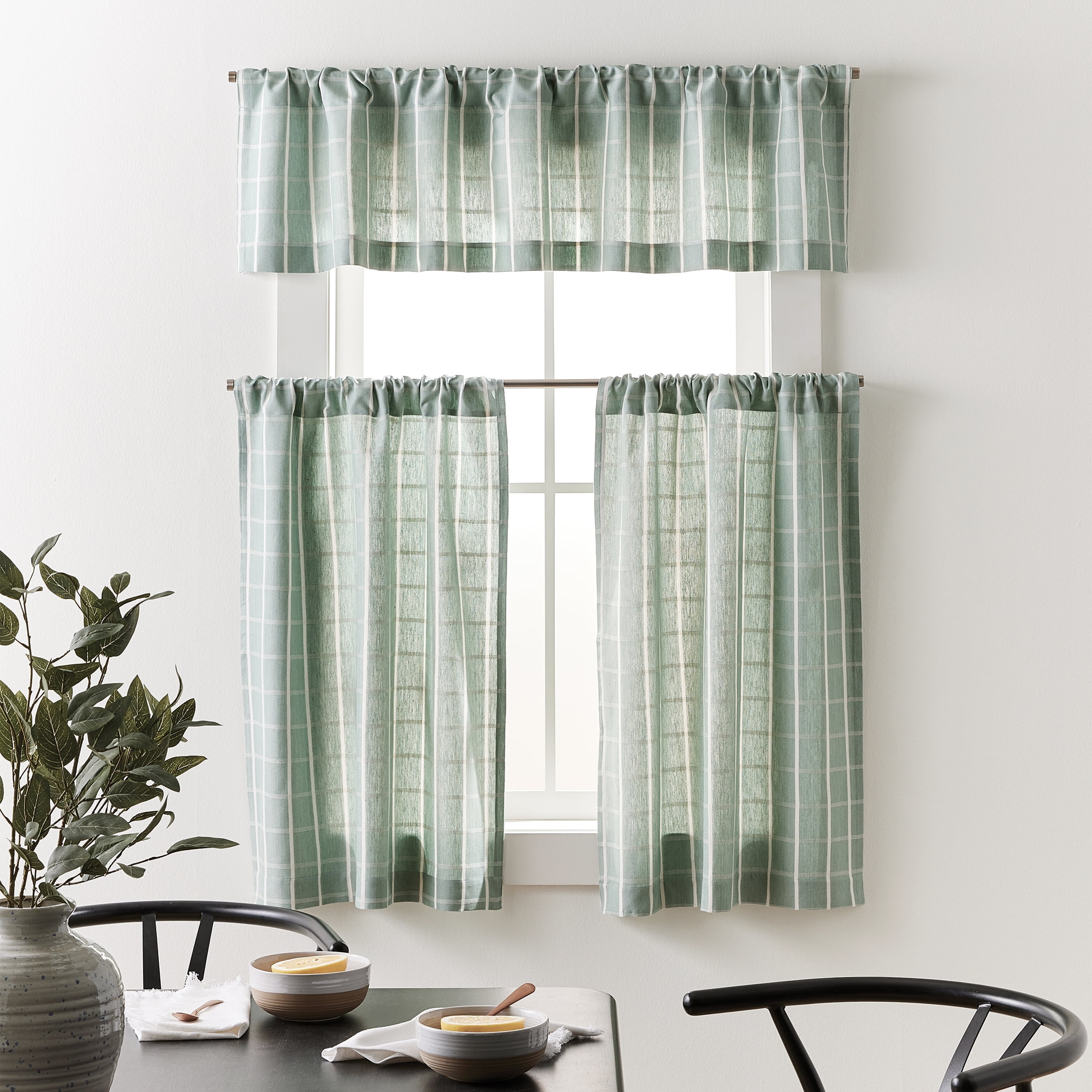 Better Homes & Gardens Willa Plaid Kitchen Curtain Tiers and Valance 3-Piece Set, Sage Green, 60 in x 36 in
