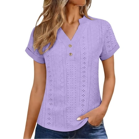Eyelet Shirts for Women Short Sleeve V Neck Dressy Casual Blouses 2026 Summer Tee T-Shirts Vacation Outfits,Button Down Blouse Ladies Top Summer Henley Shirts V Neck Tunic Top Embroidered Blouses M