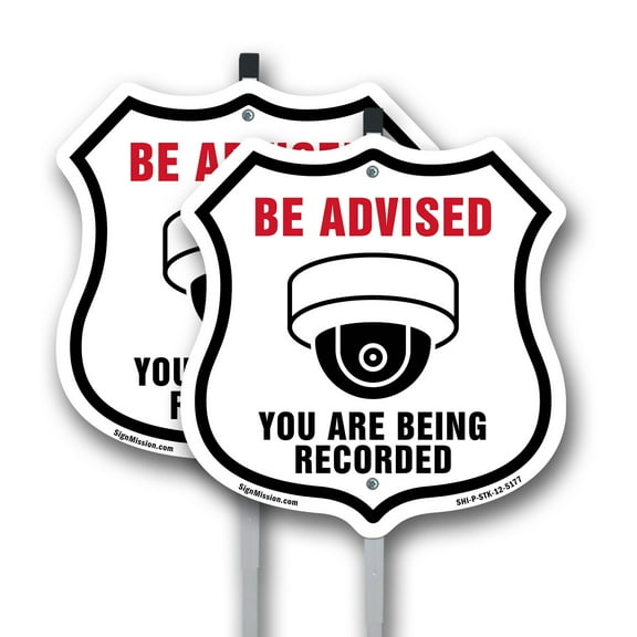Be Advised You Are Being Recorded (2 Pack) 12 inch X 12 inch Shield Shaped Commercial Grade Plastic Signs with Aluminum Mounting Stakes Weather Resistant Made in the USA