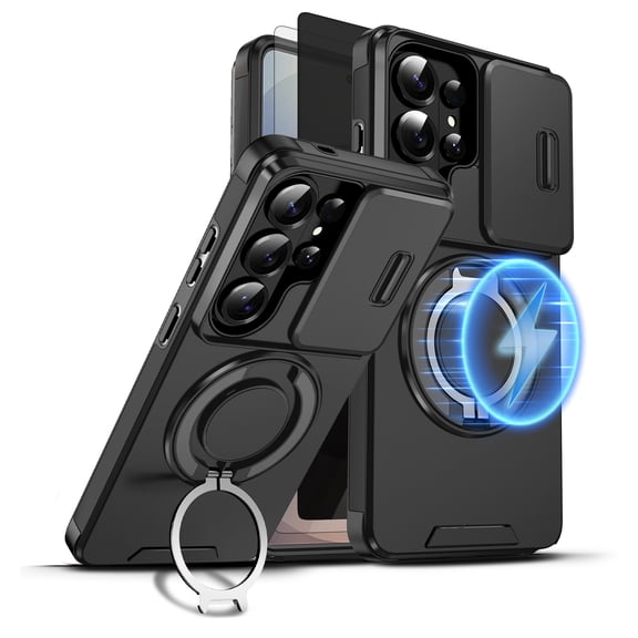 Dteck for Samsung Galaxy S26 Ultra Case with Screen Protector (2 Pack Clear Privacy), Ring Holder Stand, Sliding Camera Protector, Shockproof Magnetic Phone Cover,Black