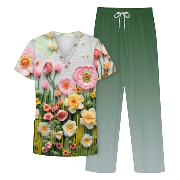 NAMTYQX Nursing Uniforms Scrubs Sets for Women Short Sleeve Top & Straight Leg Pants Floral with Pockets Army Green Size 2XL