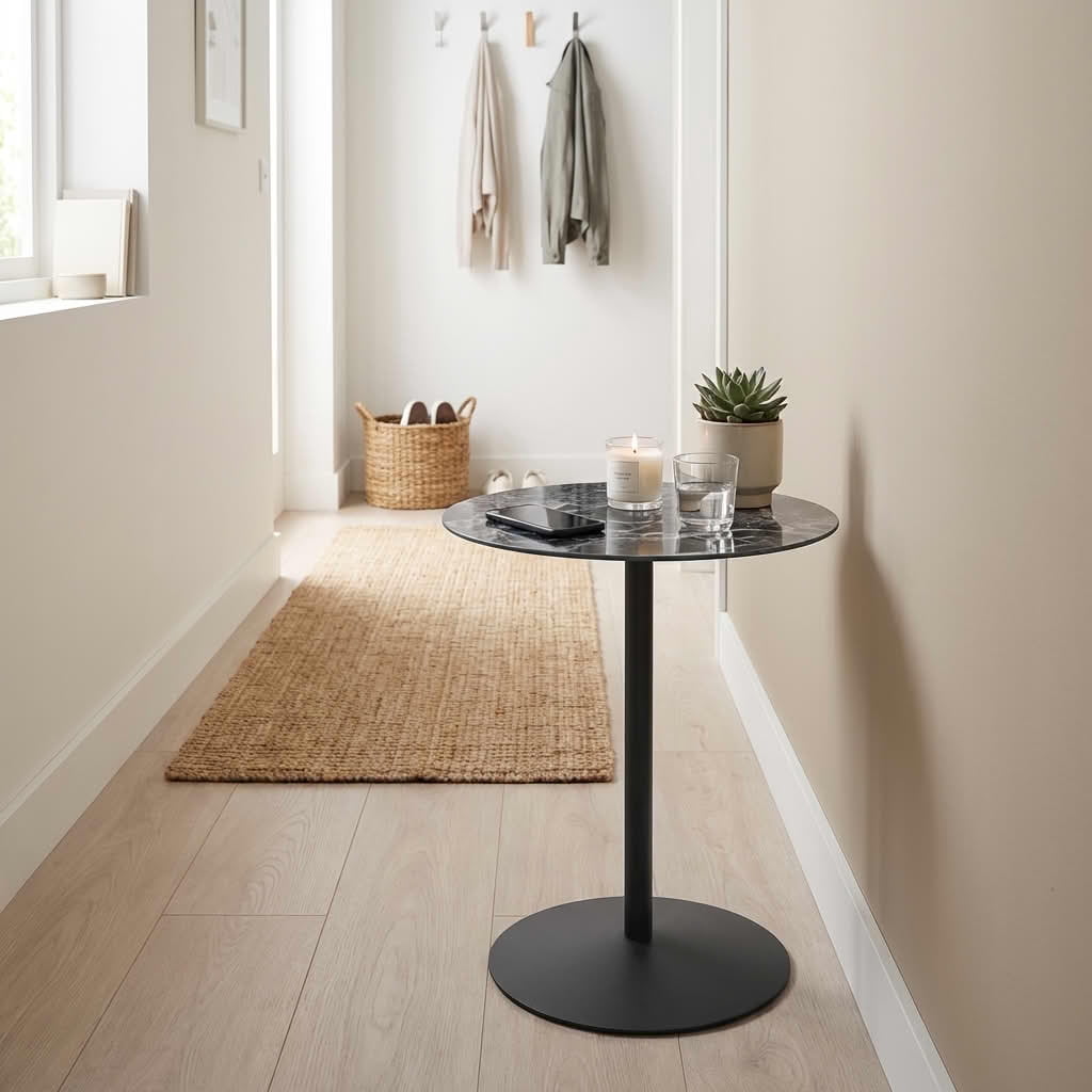 MAYEERTY 17.5 Inch Small Round Tulip Side Table, Marble Textured Glass Top, Sturdy Steel Base for Living Room & Bedroom