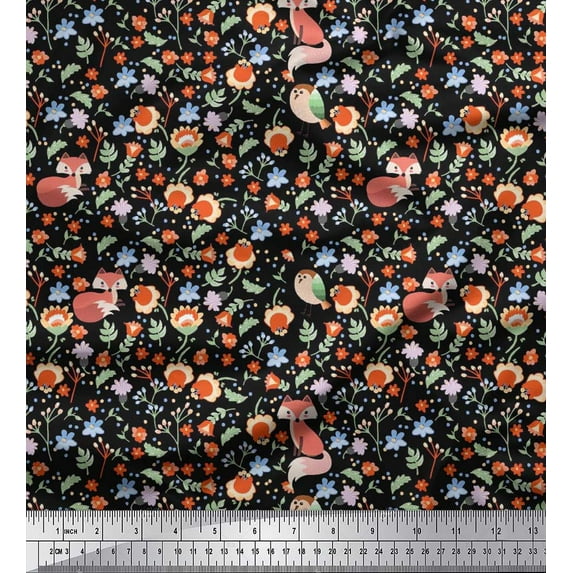 Soimoi Cotton Duck Fabric Floral,Bird & Fox Cartoon Printed Fabric 1 Yard 42 Inch Wide