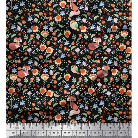 Soimoi Cotton Duck Fabric Floral,Bird & Fox Cartoon Printed Fabric 1 Yard 42 Inch Wide