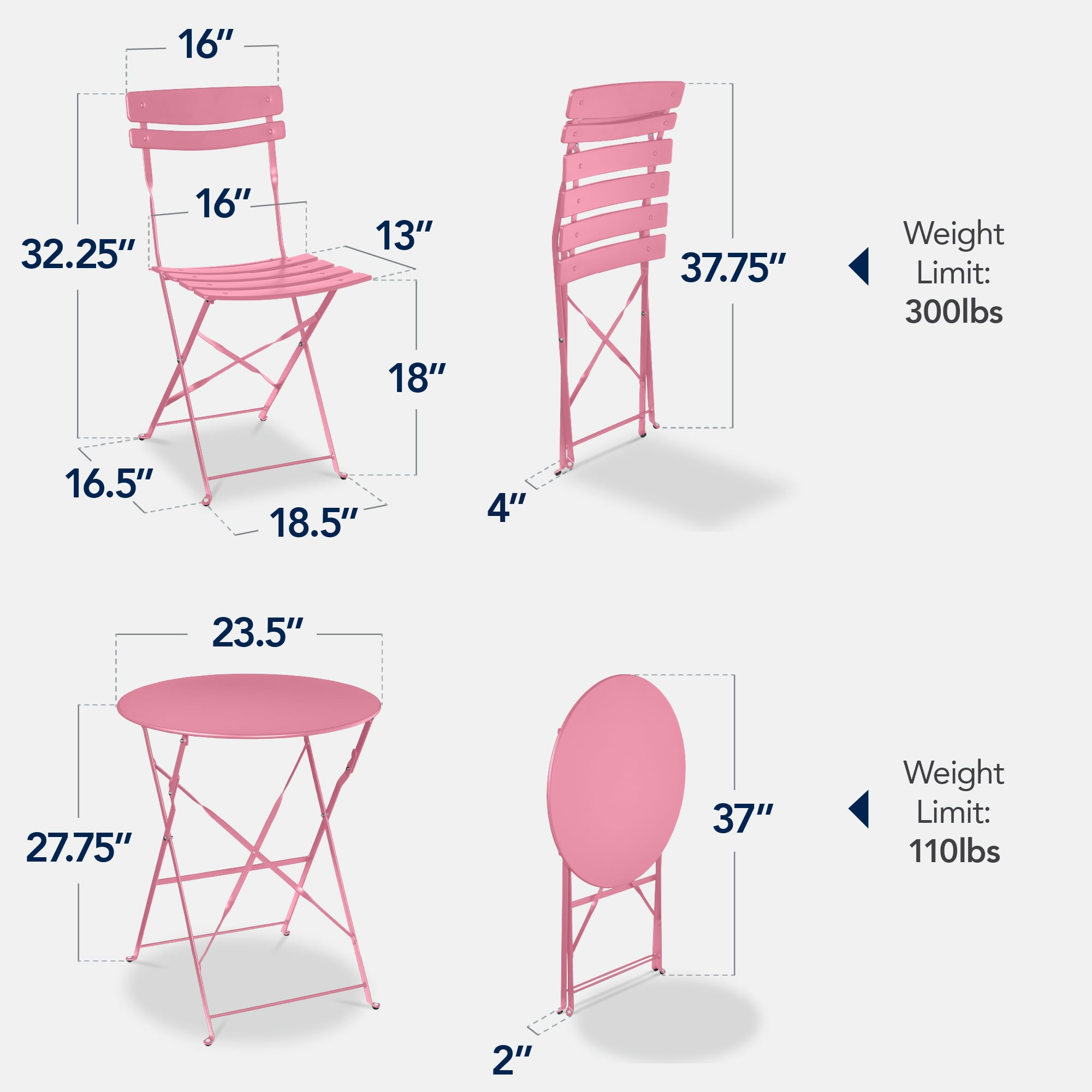 Best Choice Products 3-Piece Small Bistro Set, Folding Patio Furniture Set of 2 Chairs and Table - Pink