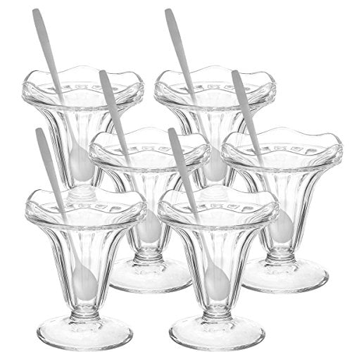 Glokers Dessert Cups, 5.5 Ounce Tulip Ice Cream Bowl or Sundae Cup, Clear Glass Tumblers Including Long Handle Stainless Steel Sundae Spoons, Set of 6 Each