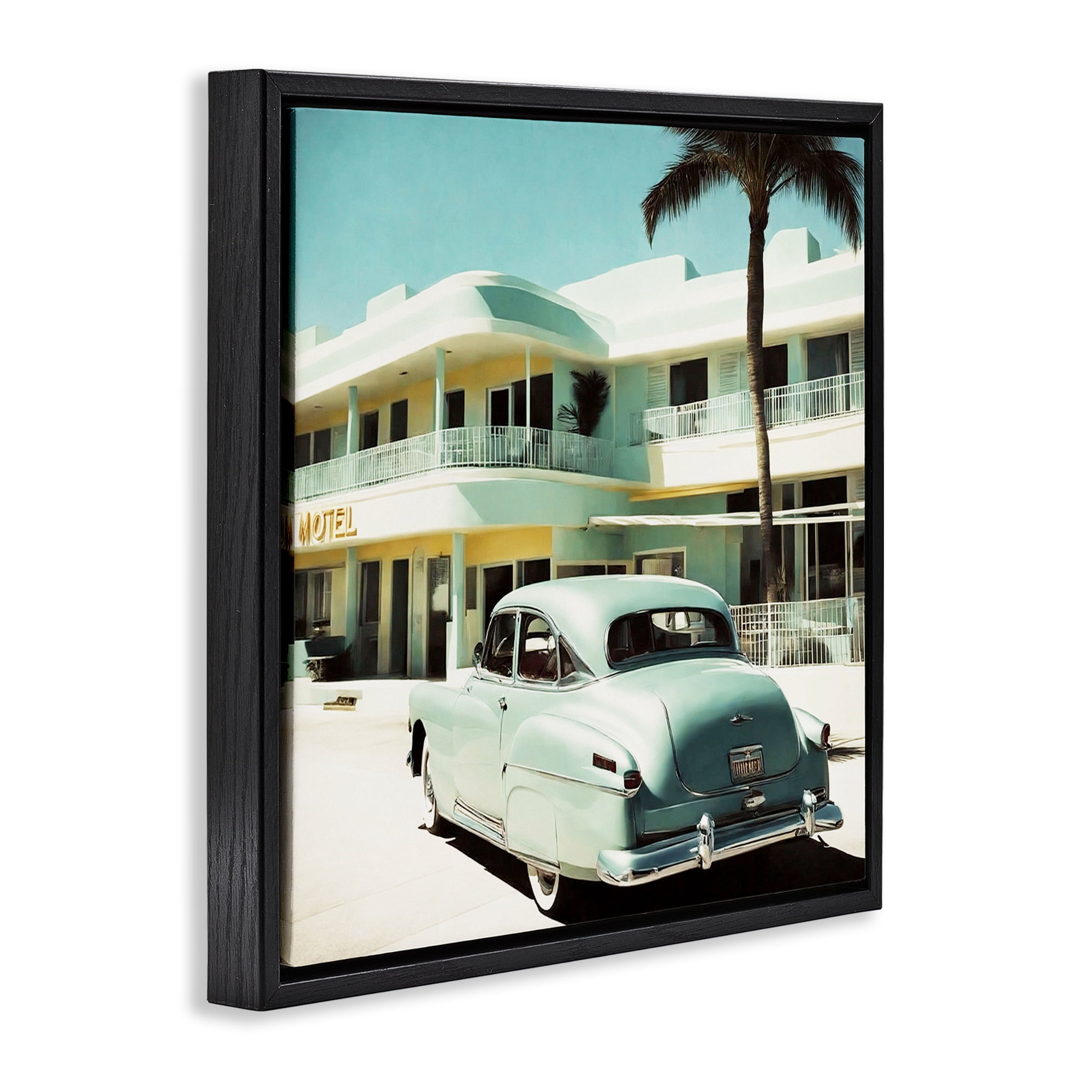 Stupell Industries Classic Car at Motel Transportation Painting Black Floater Framed Canvas Art Print Wall Art, 18 x 18