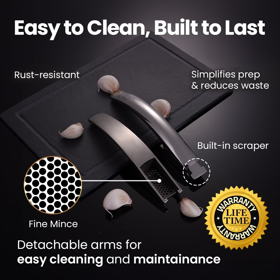 Gourmet Easy -No Peeling Required Stainless Steel Garlic Press with Detachable Handle for Fine Mincing - Premium Garlic Mincer Tool, Rust-Proof, Easy to Clean, Dishwasher Safe Garlic Crusher