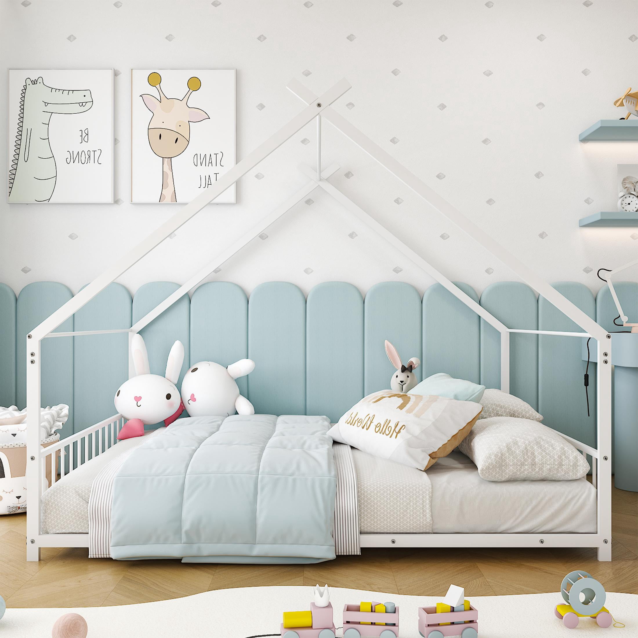 SESSLIFE Twin-Size House Bed, Metal Twin Platform Bed Frame, House-shaped Design, Tent Bed with Roof and Chimney for Bedroom, No Box Spring Needed, Easy Assembly,White