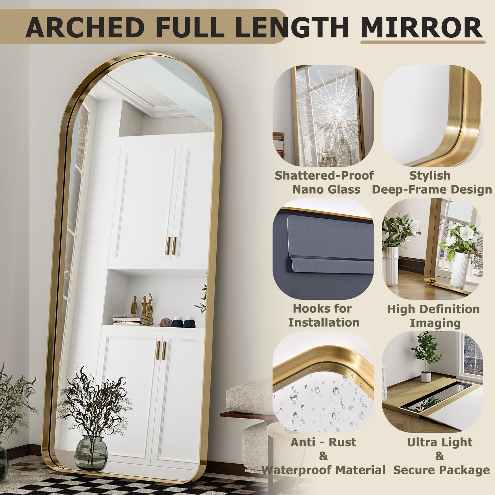 GRAHMCY 30"x71" Arched Floor Mirror Rounded Corner Full Length Mirror with Deep Frame, Gold