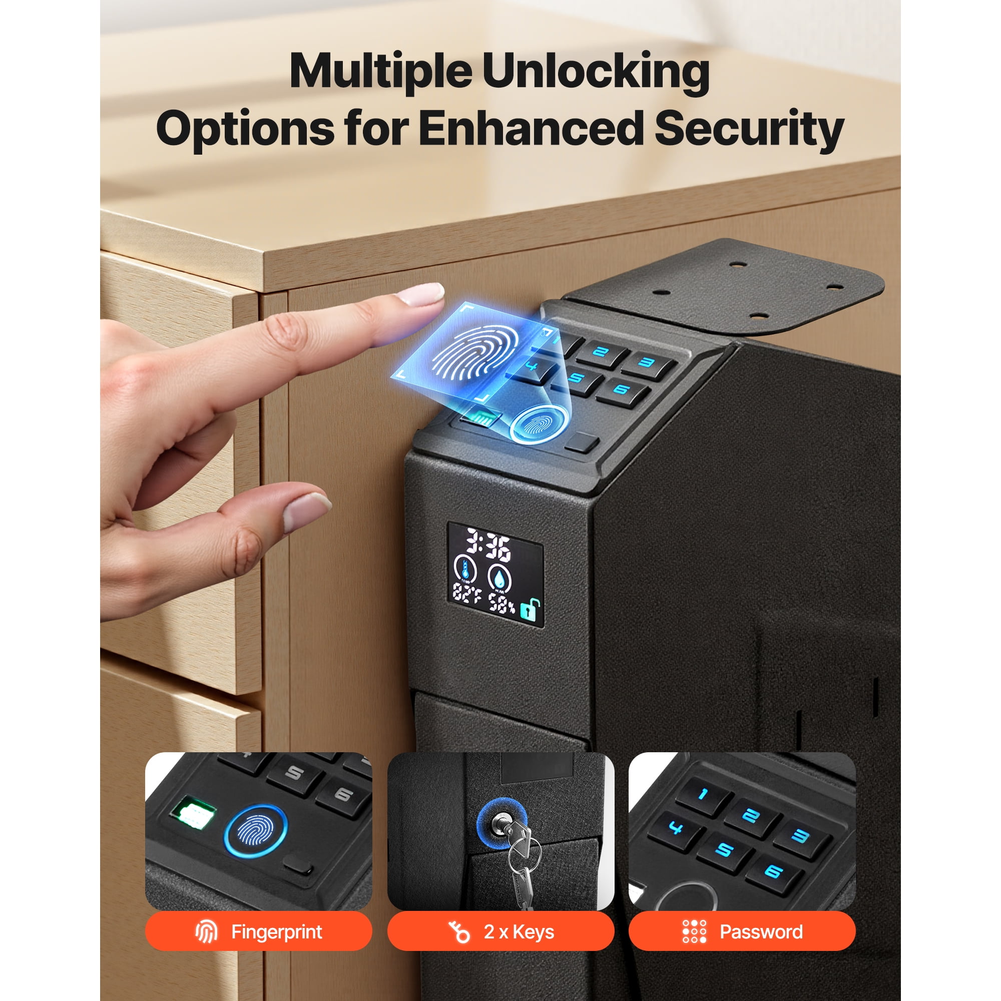 KFFKFF Secure Handgun Safe with Sliding Access, Biometric Fingerprint, Password, and Key Entry, Quick-Access Firearm Storage with LED Light for One Pistol and Magazine, Mountable for Nightstand, Desk