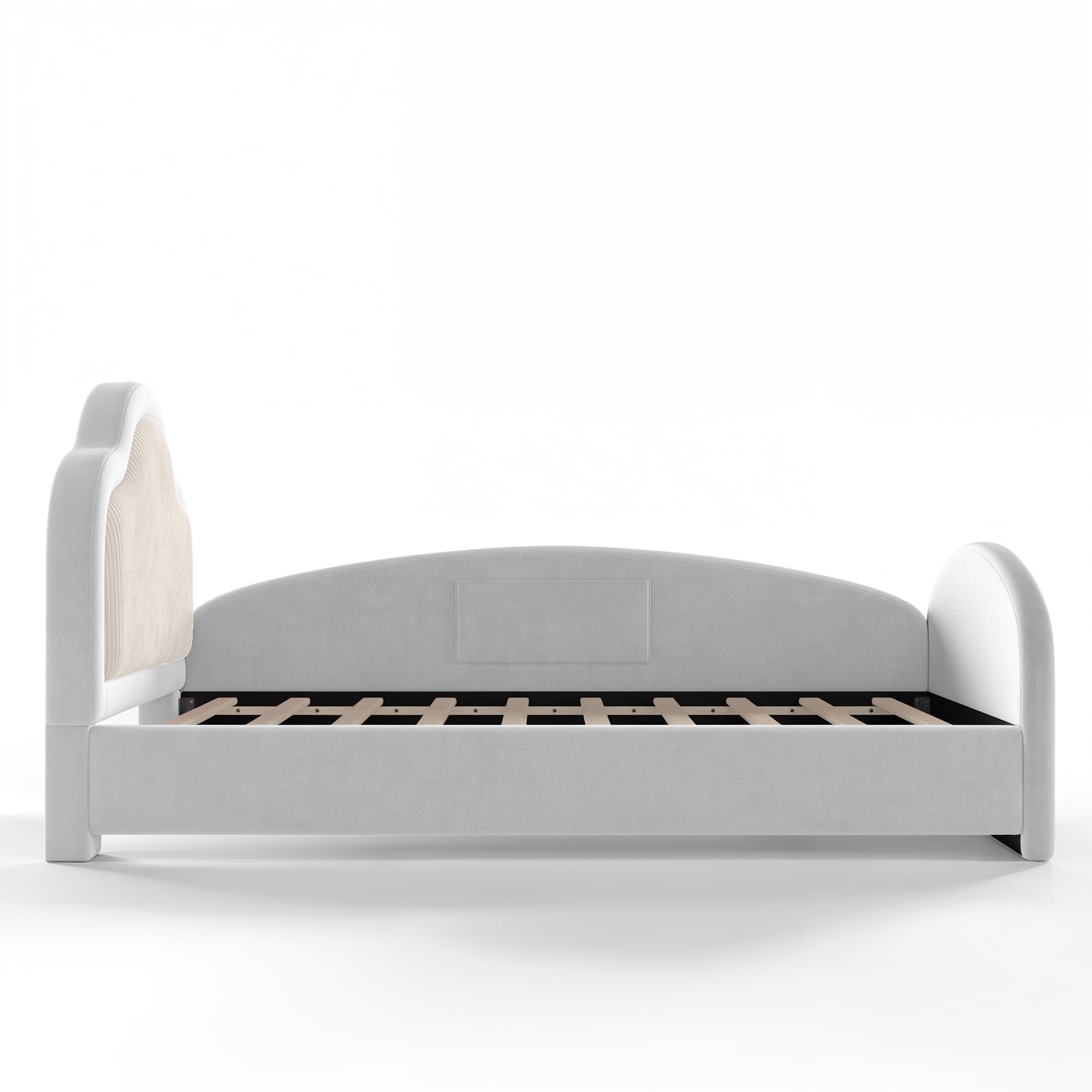 HOQBN Twin Size Curved Headboard Upholstered Floor Bed, Upholstered Kids Bed Frame with Safety Side Rails and Storage Pocket, Low Floor Playhouse Bed for Kids Bedroom,Light Gray