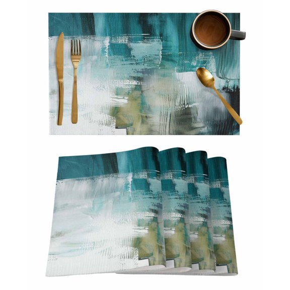 Abstract Art Placemats Set of 6 Turquoise White Paint Texture Gradient Retro Heat Insulation Washable Place Mats, Rustic Non-Slip Table Mats for Dining Table Party Kitchen Decor,13x19 Inch