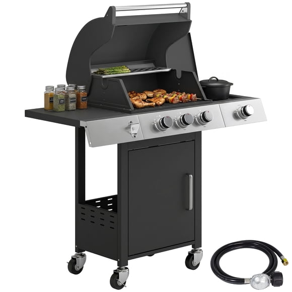 Outsunny 3 Burner Propane Gas Grill with Side Burner, 36,000 BTU BBQ Grill