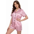 thumbnail image 2 of LUBOT 2026 Silk Pajamas for Women Satin Pajama Sets PJ 2 Piece Short Sleeve Soft Button Down Loungewear Sleepwear Pink 2XL, 2 of 7