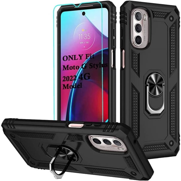 MYKOMI Compatible with Motorola Moto G Stylus 2022 4G Case with HD Screen Protector, Military-Grade Metal Ring Kickstand 15ft Drop Tested Shockproof Cover Case for Moto G Stylus 4G 2022