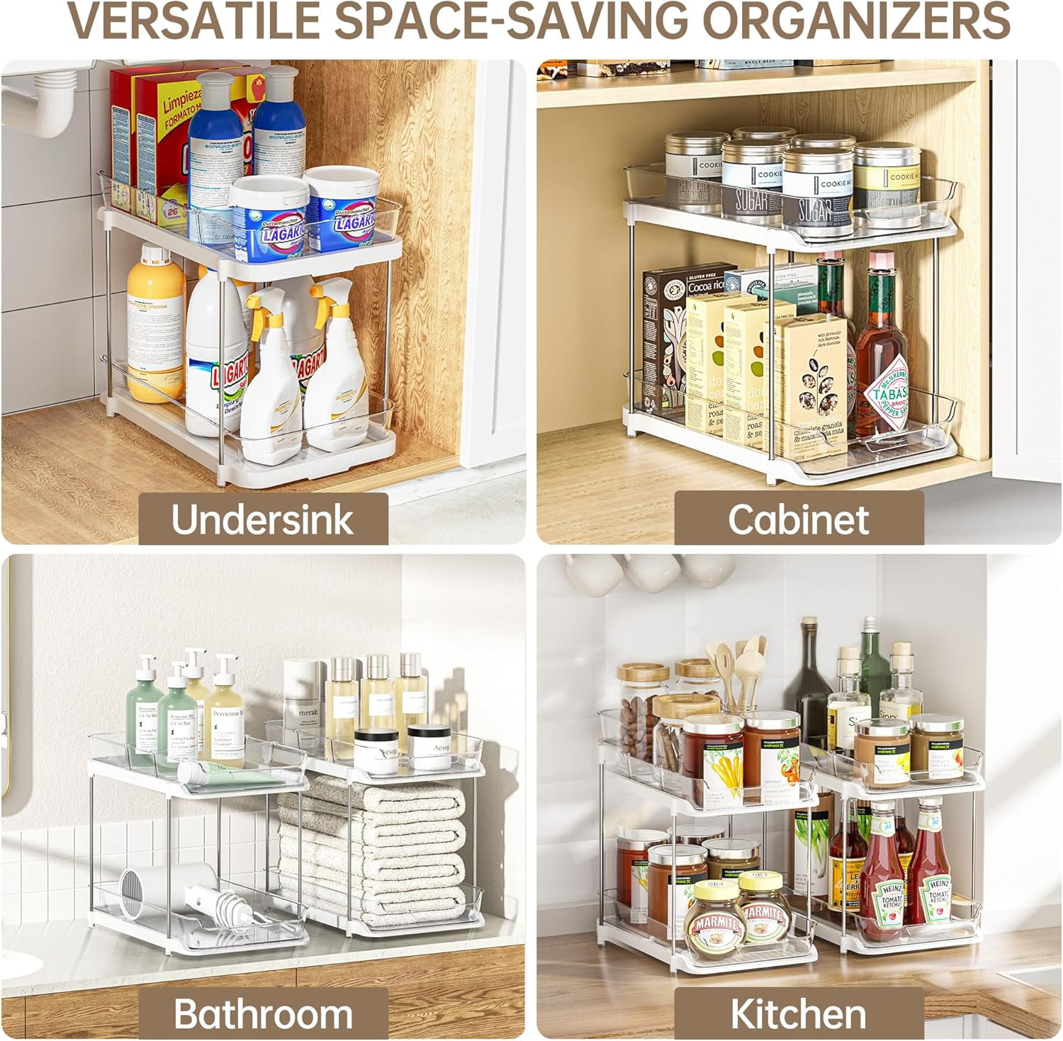 2 Tier Bathroom Storage Organizerr, Pull Out Under Sink Organizers and Storage, Stackable Pantry Organization and Storage, Clear Under Cabinet Storage with Movable Dividers