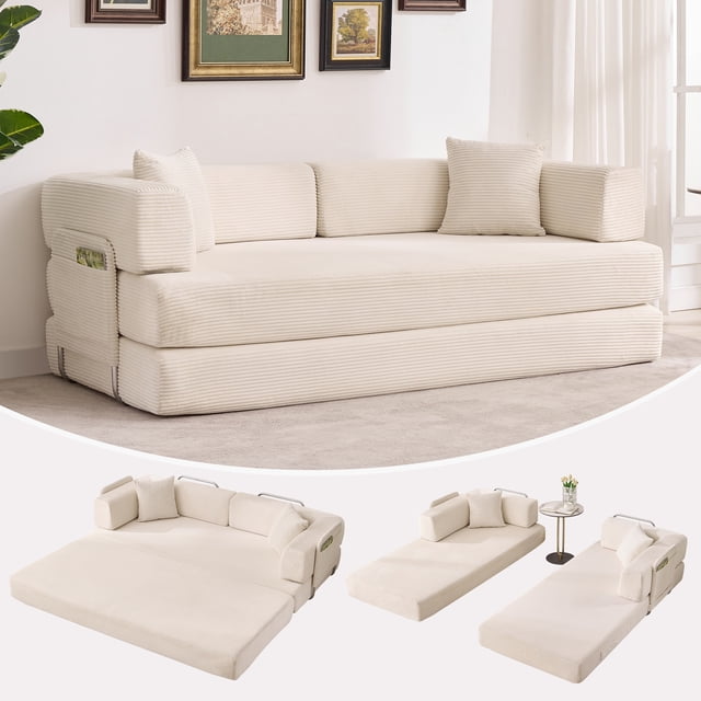Gaderth 78.8 Inch Convertible Sofa Bed, 5 In 1 Modular Corduroy Sleeper Sofa with Adjustable Armrests, No Assembly Futon Couch Floor Bed for Small Living Room, Guest Room, Apartment