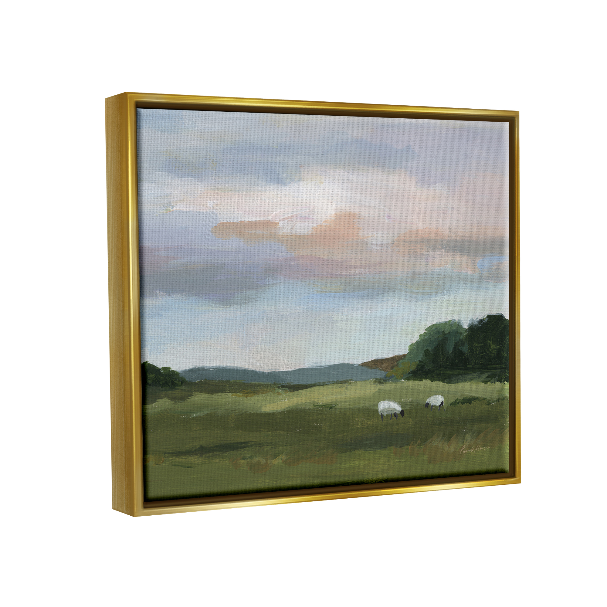 Stupell Industries Sheep in Country Field Landscape Painting Gold Floater Framed Canvas Art Print Wall Art, 31 x 25