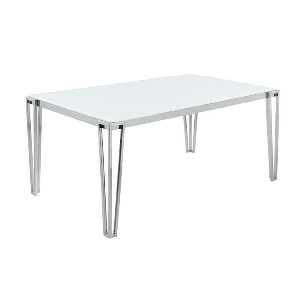 Dining Table with Glass Top and Metal Legs, White and Chrome- Saltoro