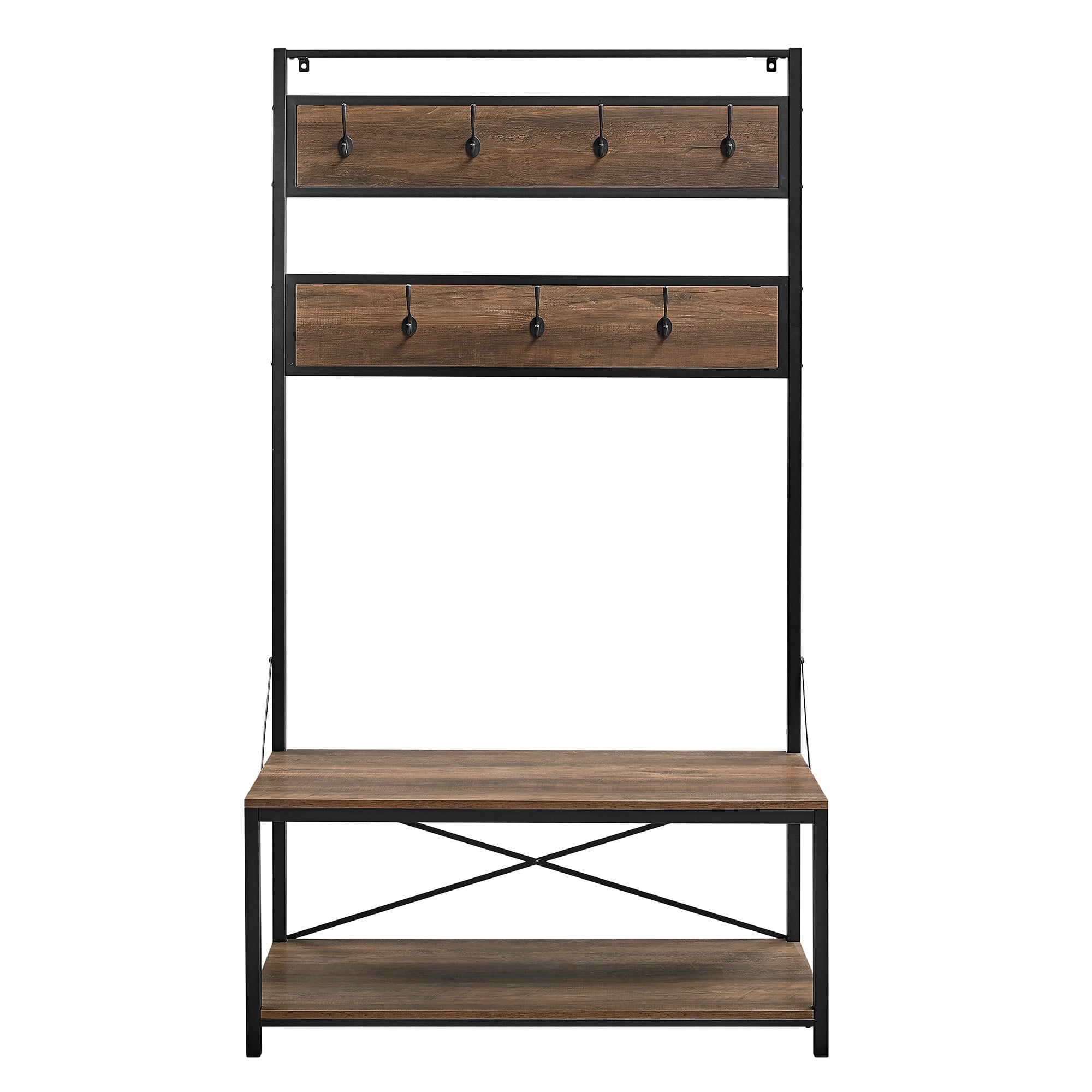 Woven Paths Industrial Hall Tree with Bench and Coat Hooks, Reclaimed Barnwood