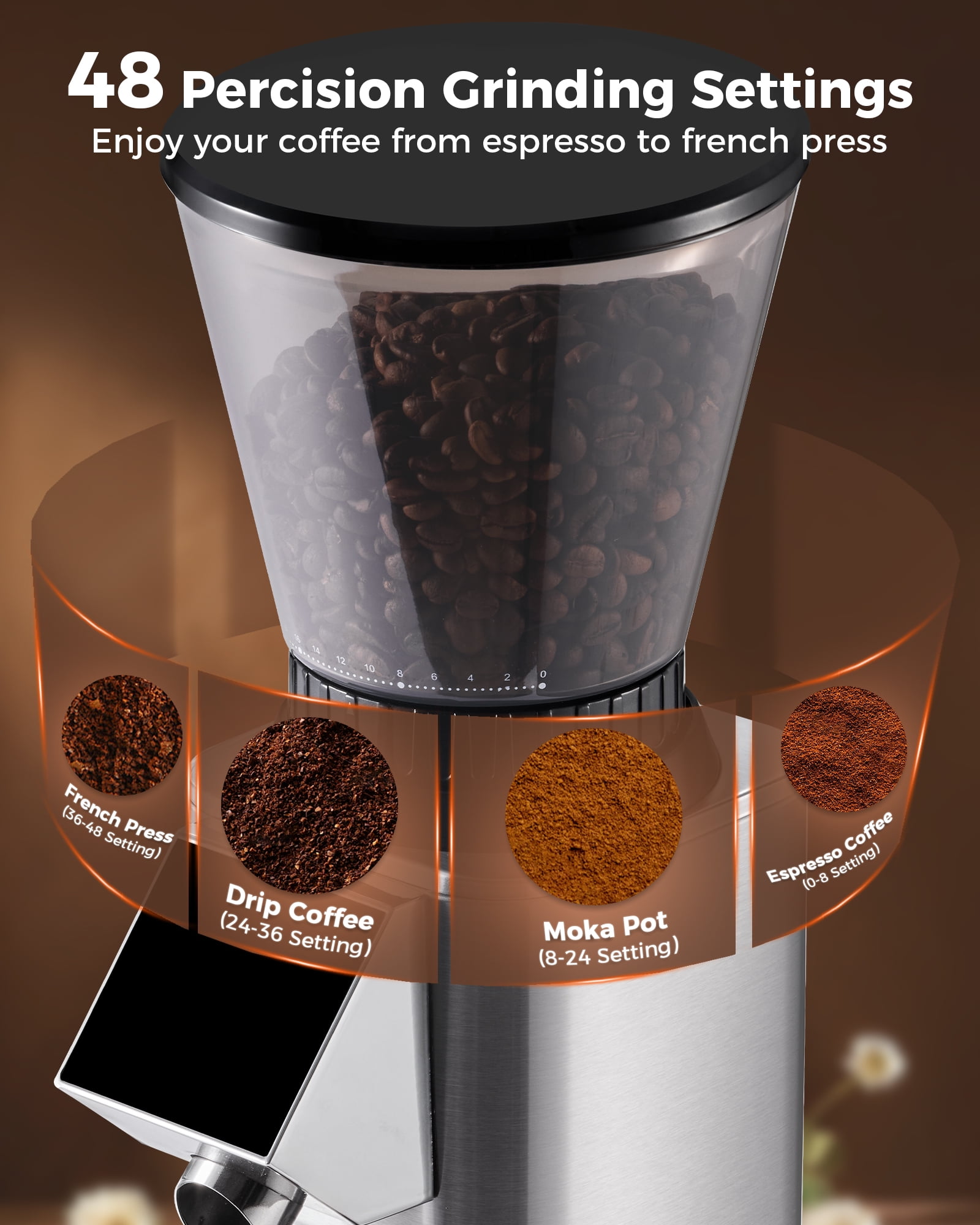 Tuni G1 Conical Burr Coffee Grinder, 48 Grind Settings Anti-static Burr Mill, Precision Electronic Timer and LED Touchscreen for Espresso/Drip/Cold Brew/French Press, Stainless Steel, Silver