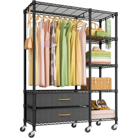Ulif F3 Heavy Duty Clothes Rack(With Fabric Drawers)Freestanding Clothing Racks for Hanging Clothes,Adjustable Closet Organizer System,Portable Garment Rack 40" W x 15" D x 72" H,Max Load 700LBS,Black
