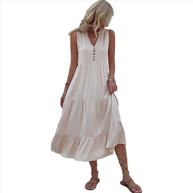 Vestido de Verano Sin Mangas, Holgado, Informal, con Escote en V, con y Bolsillos para Cruceros en la Playa, Color Albaricoque M